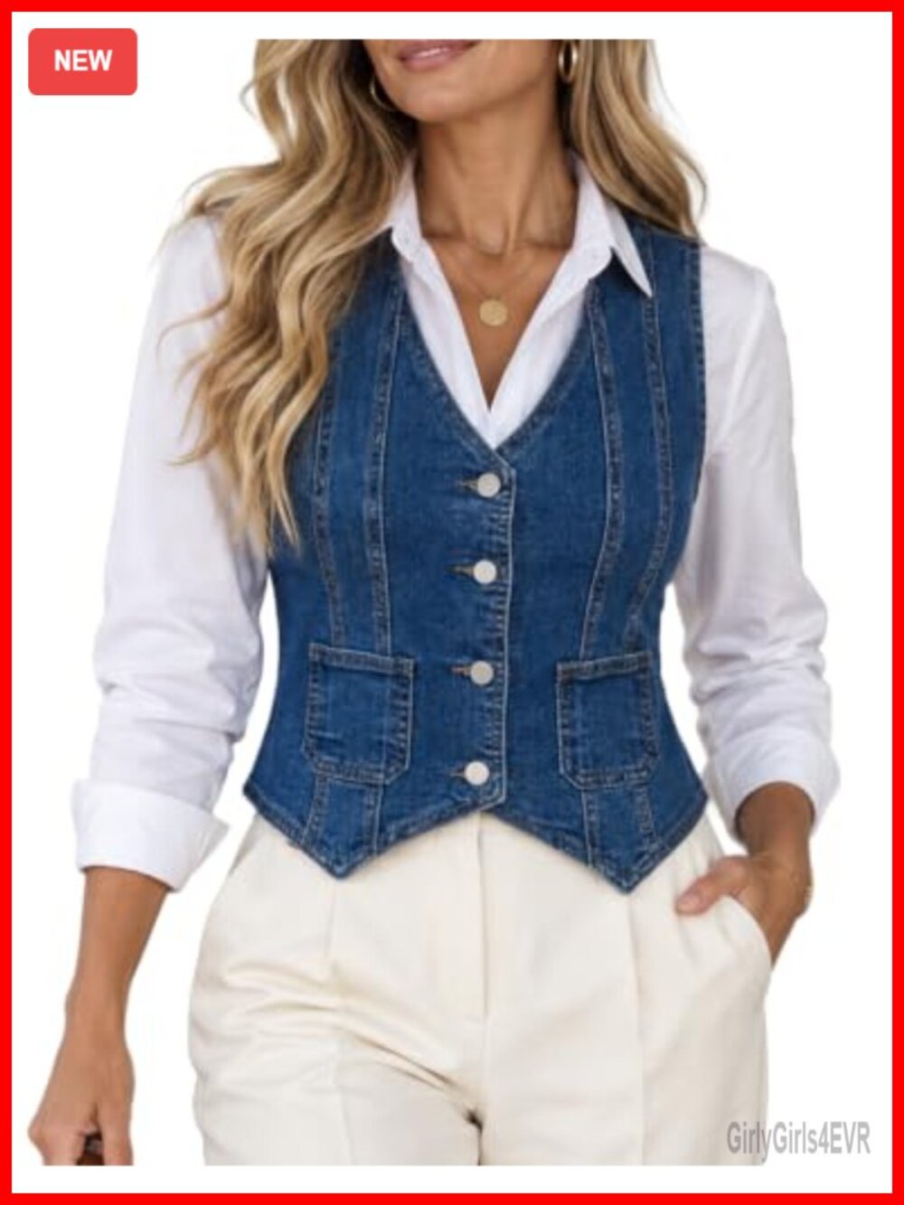 EZAPINE Cotton Polyester Denim Vest V-Neck Button Down Slim Fit Crop Top